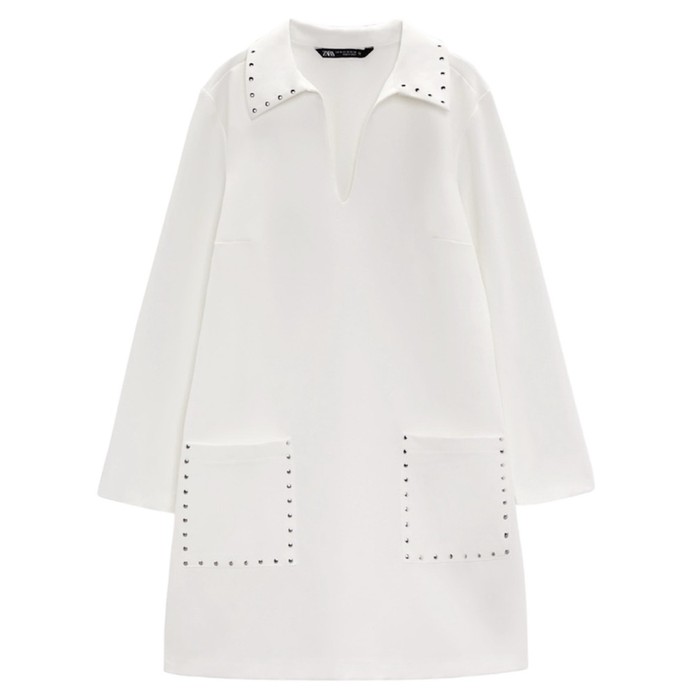 Zara Silver-Studded Polo Collar Dress in White Size XS NWT - Picture 3 of 5